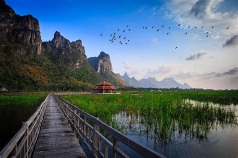 National Park Thailand Bridge Water Lake Grass Hut Construction Mountain Birds Hd Wallpaper