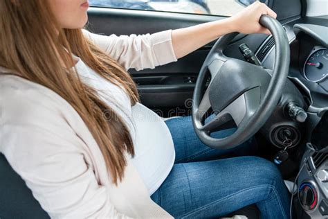 Pregnant Driving Car Young Smiling Pregnancy Woman Driving Car Safety