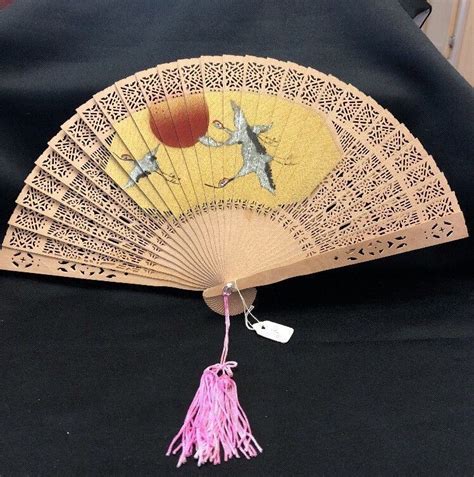 Vintage Hand Painted Japanese Wooden Hand Fan Japan Exquisite Ladies