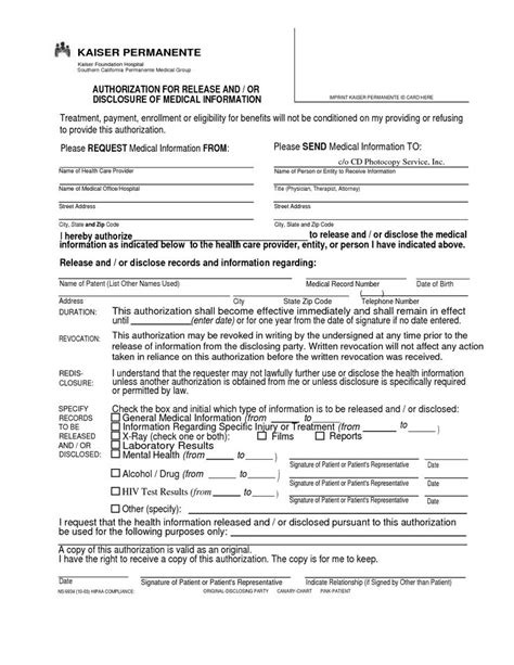 kaiser hospital release form kaiser permanente authorization  release   disclosure