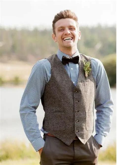 Vintage Gray Tweed Vest Wool Herringbone Groom Vests Five Buttons Mens