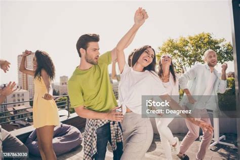 Photo Of Friendly Pretty Couples Have Fun Dancing Party On Roof Terrace