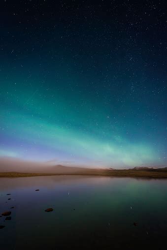 Aurora Borealis Northern Lights Starry Night Reflecting Mountain Lake