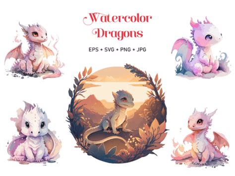 Cute Baby Dragon Watercolor Svg Clipart Illustration Par