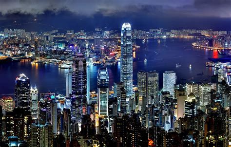 Wallpaper City Lights Widescreen Sea Ocean Night Hong Kong