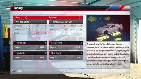 The sway bar arm length can be adjusted in three settings: Steam Community :: Guide :: NASCAR '14 - Tuning Tips
