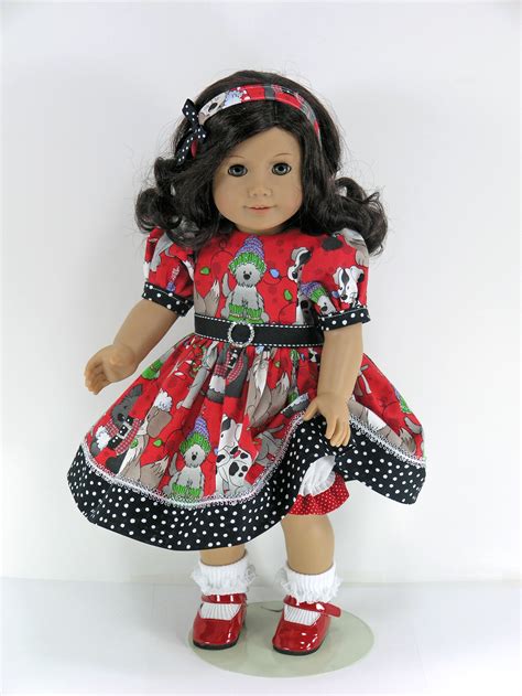 Handmade 18 Inch Doll Clothes American Girl Dress Headband Pantaloons Red Check