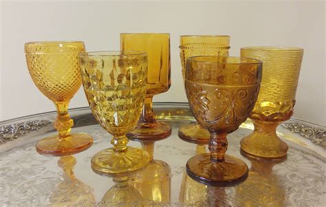 6 Mismatched Amber Glass Goblets Colored Pressed Gold Etsy