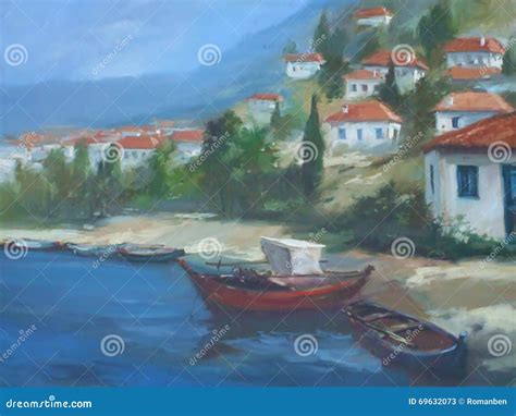 Greek Village Handmade Painting Stock Image Image Of Stone Windows