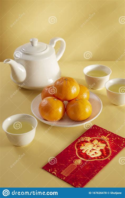 Chinese New Year Food And Drink Still Life With Red Envelope Ang Pao ...