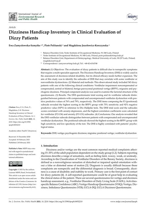 Pdf Dizziness Handicap Inventory In Clinical Evaluation Of Dizzy Patients
