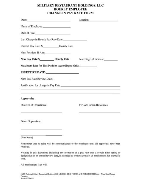 Pay Rate Change Form Template