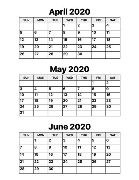 April May June 2020 Calendar Template 3 Months Printable