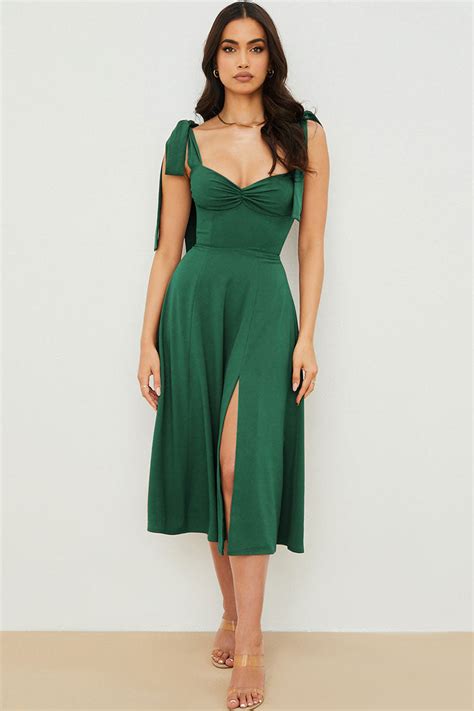 Tie Strap Fit And Flare High Slit Slip Midi Dress Emerald Green Rosedress