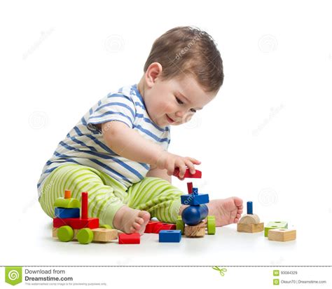 Baby Boy Playing With Blocks Toys Isolated On White Stock Image