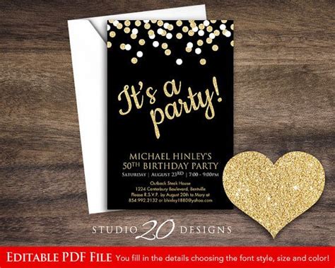 Instant Download 4x6 Black Gold Glitter Party Invitations Etsy