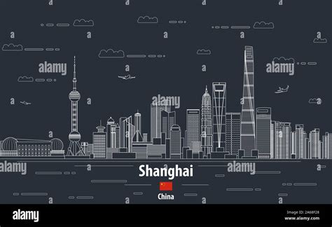 Shanghai Cityscape Line Art Style Vector Detailed Illustration Travel
