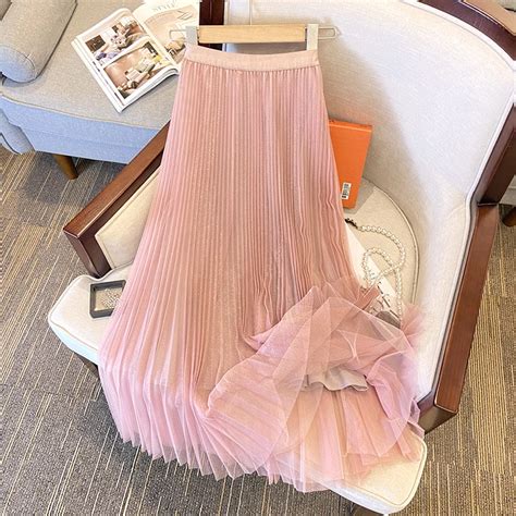 TIGENA Sweet Pink Tulle Long Skirt For Women 2023 Autumn Korean Elegant