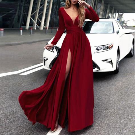 Long Sleeves Formal Evening Gown Wine Red V Neck Prom Dress With High Slit Puffgirls Online