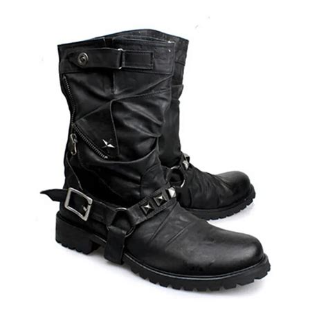British New Style Retro Leather Motorcycle Boots Rivets Buckle Mid Calf Men Boots Military