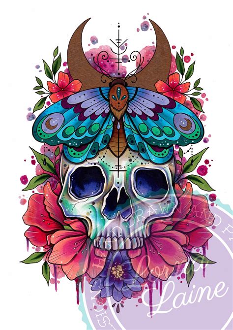 Skull Tattoo Print Tattoo Design Day Of The Dead Art Etsy Uk