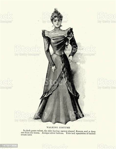 Victorian Womens Fashions Of The 1890s Walking Costume In Dark Green