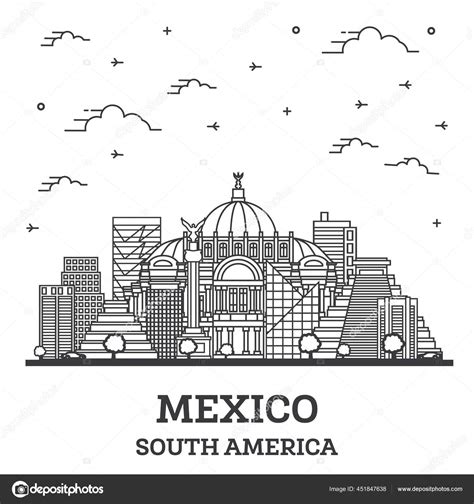 Outline Mexico City Skyline Historical Buildings Isolated White Vector