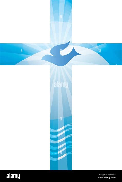 Christian Cross Baptism With Waves Of Water And Dove On Blue Background
