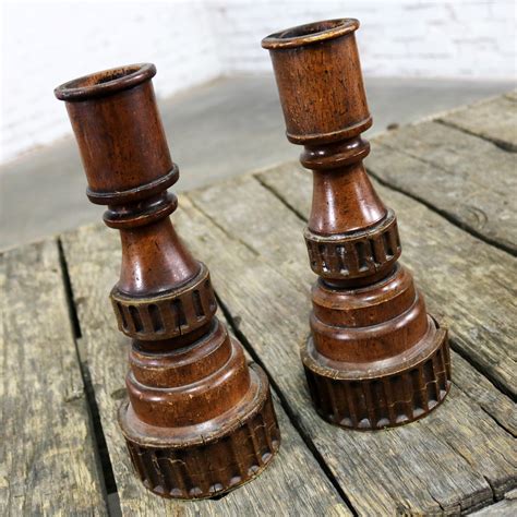 Pair Vintage Turned Wood And Composite Candle Holders Warehouse 414