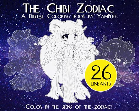 The Chibi Zodiac By Yampuff 26 Linearts Digital Coloring Etsy