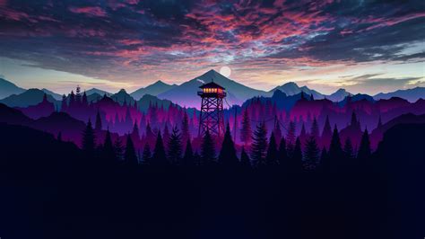 Firewatch Landscape Digital Art Sunset Sunrise Tower Purple Sky