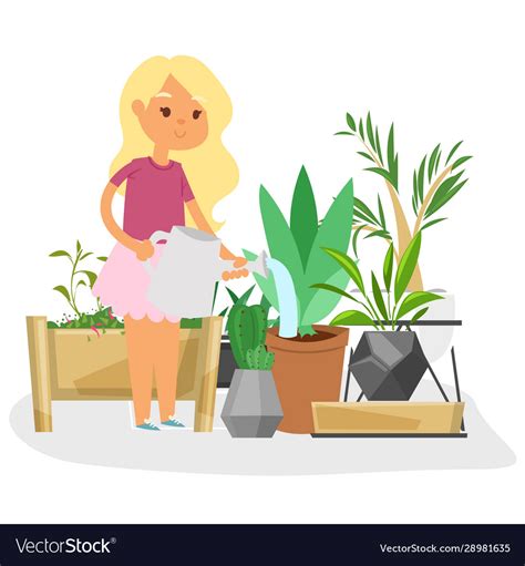 Girl Watering Plants At Greenhouse Or Home Garden Vector Image