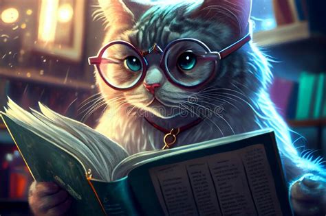 Intelligent Cat In Glasses Reading A Book Ai Illustration Stock