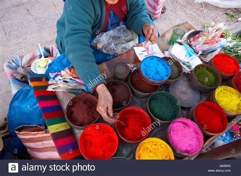 Coloured Dyes On Sale Market Day In The Square Pisac Sacred Valley Nr