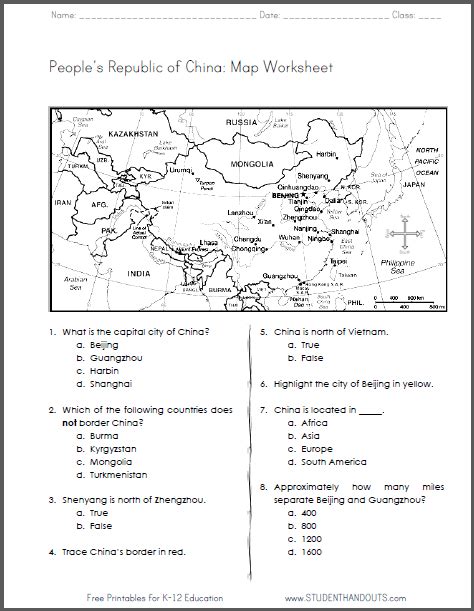 Fourth grade worksheets & printables. China - Free Printable Map Worksheet for Grades 4-6. CCSS ...