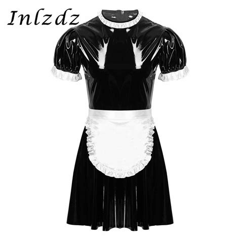 Womens French Maid Cosplay Halloween Costumes Outfit Leather Bodysuit