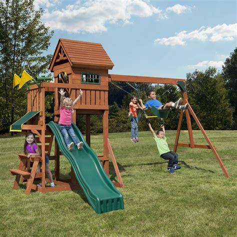 Swing N Slide Playful Palace Wooden Swing Set With Slide Swing And