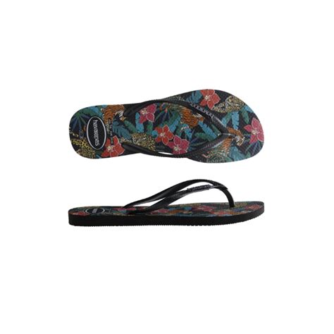 Havaianas Slim Tropical Black Dark Metallic Grey Thong On