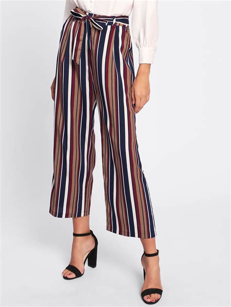 Shop Tie Waist Striped Culotte Pants Online Shein Offers Tie Waist