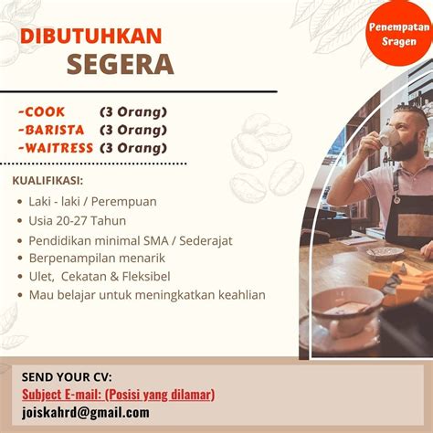 Lowongan kerja supervisor, cashier, watress, dan cook. Lowongan Kerja Team Café Joiska di Sragen - INFO LOKER SOLO