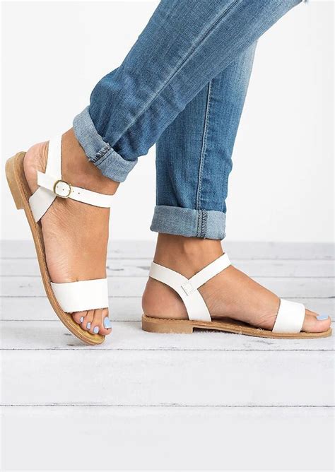 Solid Buckle Strap Flat Sandals White In 2020 White Sandals Flat