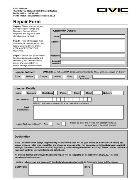 Computer Repair Forms Free Printable Documents