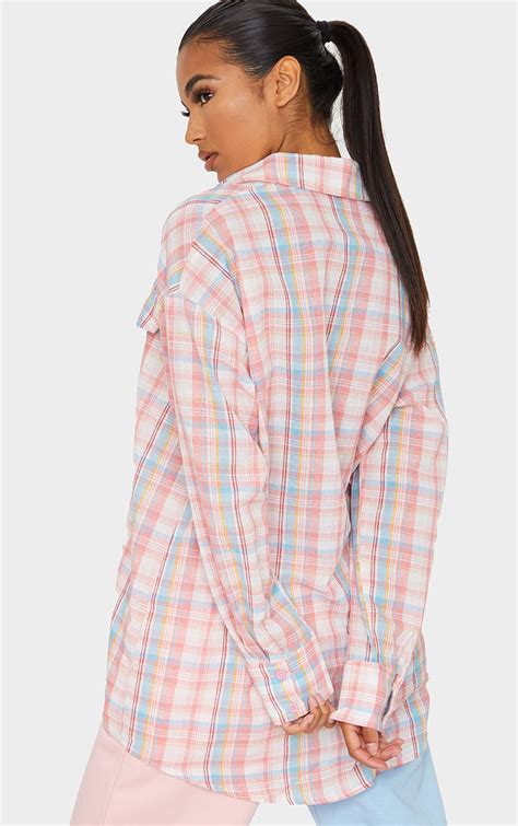 Baby Pink Oversized Check Shirt Tops Prettylittlething Ca