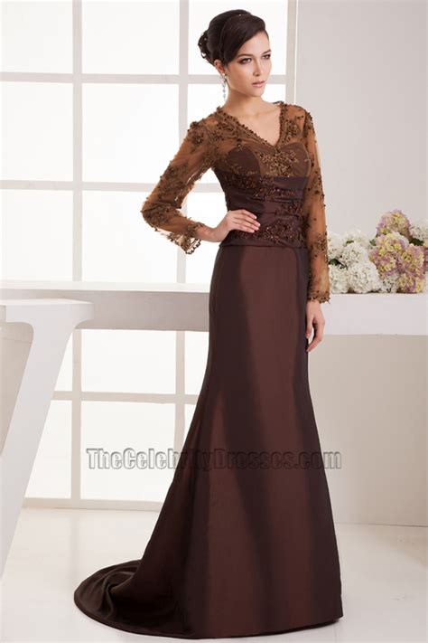 Elegant Brown Long Sleeves Formal Dress Evening Gowns