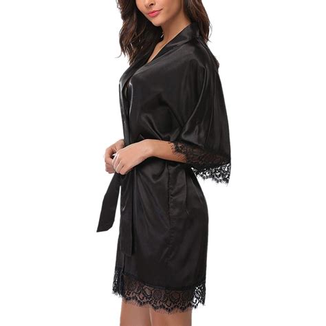 Sexy S Women Short Satin Robe Lace Trim Sleeves Sleepwear Nightdress