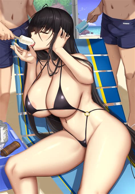 akitsuki karasu kurochijo original highres 1girl beach black hair black one piece