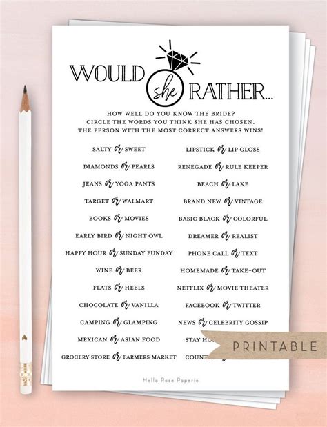 Would She Rather Bridal Shower Game Who Knows The Bride Best Printable Game Rustic Kraft
