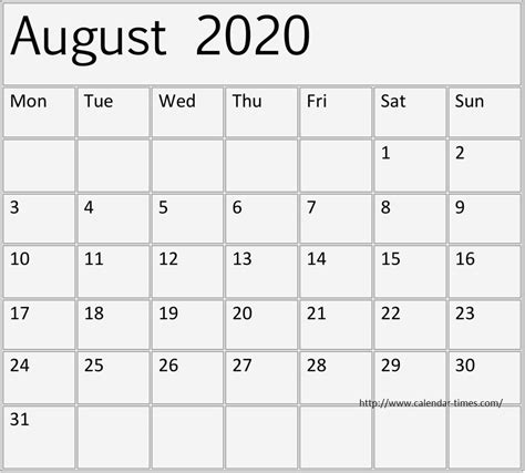 Printable August 2020 Calendar Template By Month