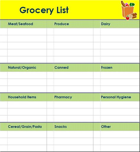Grocery List Template Excel Word Template