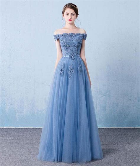 Fashion A Line Off Shoulder Light Blue Tulle Prom Dress With Flowers